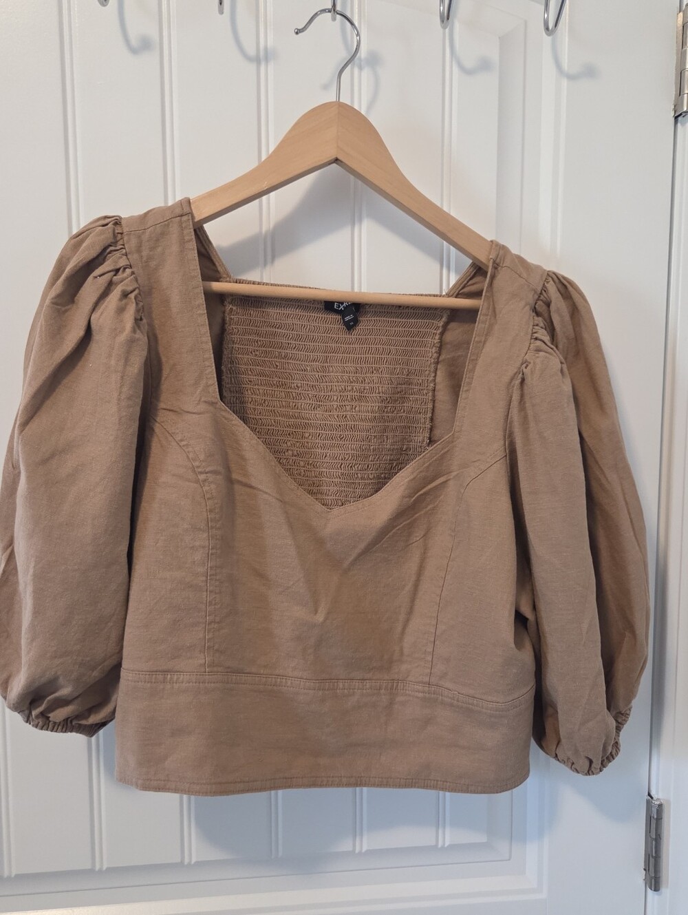 Express Linen Blend Puff Sleeve Smocked Crop Top Caramel XL Coastal Resort Wear